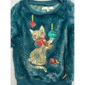 TAHARI Baby Girls 18M Teal Faux Fur Sequin Cat Christmas Sweater.  SUPER SOFT